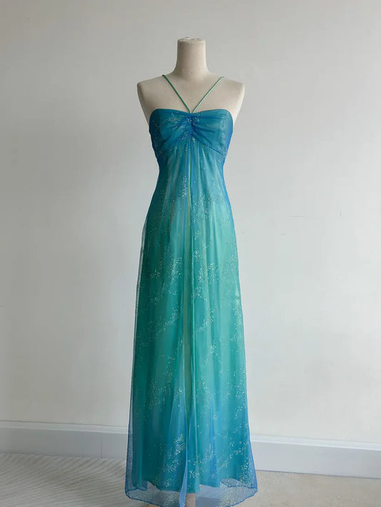 girlhomeshops-Blue-Green Gradient Rhinestone Tulle Strappy Train Gown, Dreamy Ruffle & Flowy Elegant Dress gh6348