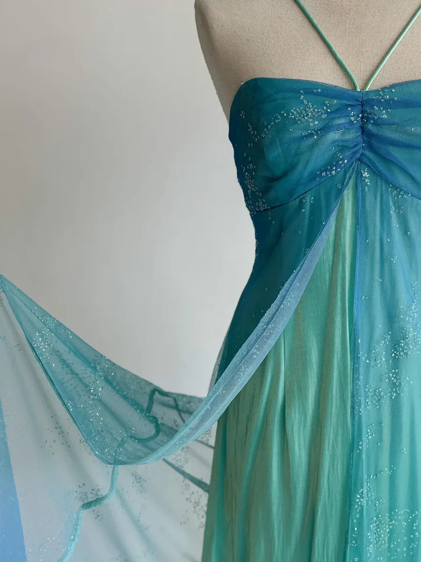 girlhomeshops-Blue-Green Gradient Rhinestone Tulle Strappy Train Gown, Dreamy Ruffle & Flowy Elegant Dress gh6348