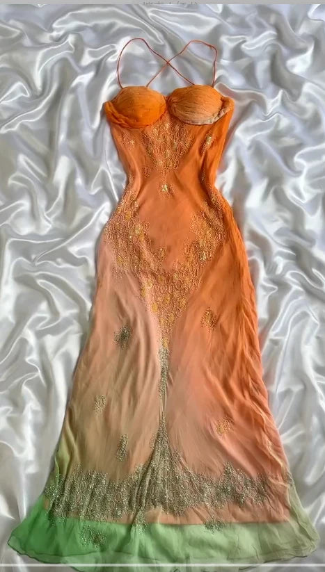 Girlhomeshops - Robe longue en satin vert orange à motif floral, tenue de soirée tendance et élégante, idéale pour un week-end, une soirée ou une soirée, gh5659
