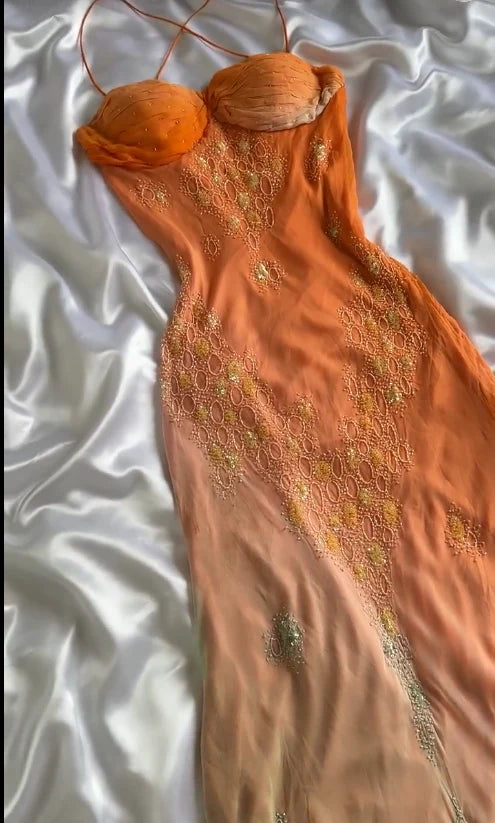 Girlhomeshops - Robe longue en satin vert orange à motif floral, tenue de soirée tendance et élégante, idéale pour un week-end, une soirée ou une soirée, gh5659