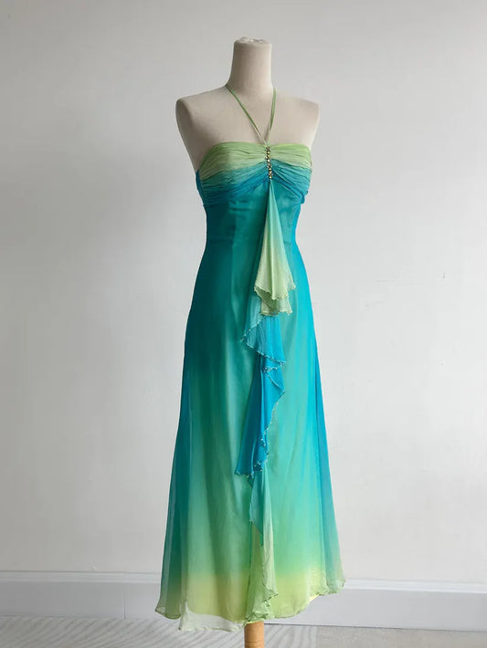 girlhomeshops-Gradient Green-Blue Chiffon Halter Sleeveless Midi Dress, Bohemian Ruffle & Rhinestone Elegant Gown gh6345