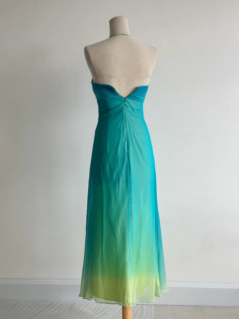 girlhomeshops-Gradient Green-Blue Chiffon Halter Sleeveless Midi Dress, Bohemian Ruffle & Rhinestone Elegant Gown gh6345