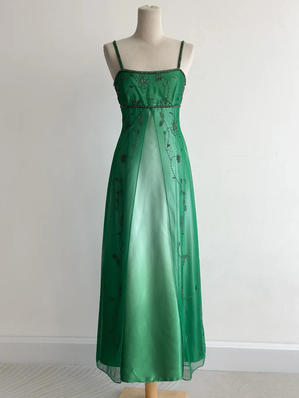 girlhomeshops-Green Tulle Strappy Maxi Dress, Embroidered & Beaded Vintage Elegant Gown gh6347