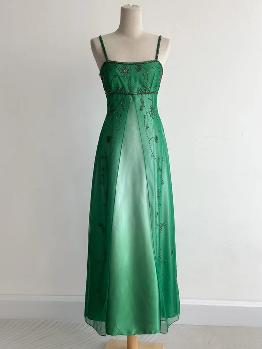girlhomeshops-Green Tulle Strappy Maxi Dress, Embroidered & Beaded Vintage Elegant Gown gh6347
