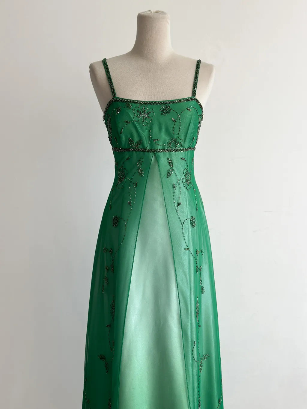 girlhomeshops-Green Tulle Strappy Maxi Dress, Embroidered & Beaded Vintage Elegant Gown gh6347