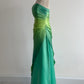 girlhomeshops-Gradient Green Shiny Satin Strapless Train Gown, Sleeveless Rhinestone Elegant Evening Dress gh6343