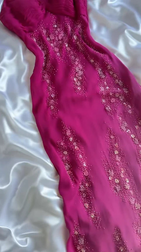 Girlhomeshops - Robe longue en satin à fleurs roses, dégradé tendance, exquise, en mousseline de soie, pour un week-end, une soirée, une robe populaire, une robe de fée gh5658