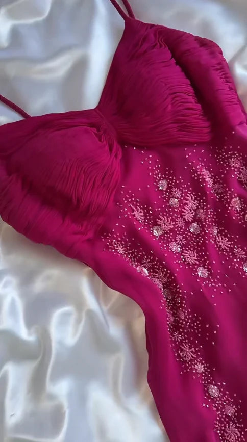 Girlhomeshops - Robe longue en satin à fleurs roses, dégradé tendance, exquise, en mousseline de soie, pour un week-end, une soirée, une robe populaire, une robe de fée gh5658