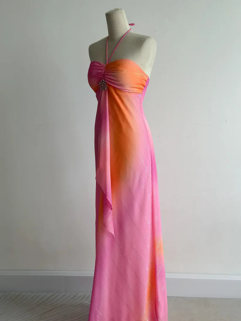 girlhomeshops-Pink-Orange Gradient Lurex Halter Sleeveless Train Gown, Party-Style Ruffle & Rhinestone Elegant Dress gh6349