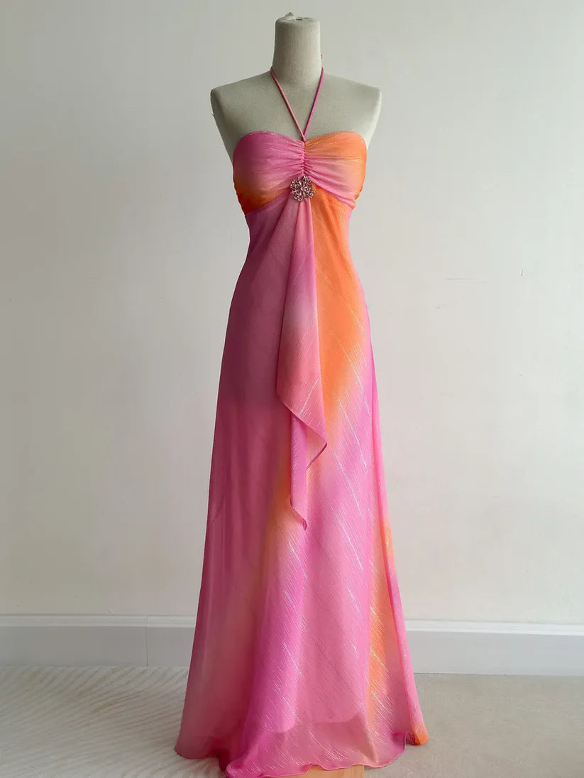 girlhomeshops-Pink-Orange Gradient Lurex Halter Sleeveless Train Gown, Party-Style Ruffle & Rhinestone Elegant Dress gh6349