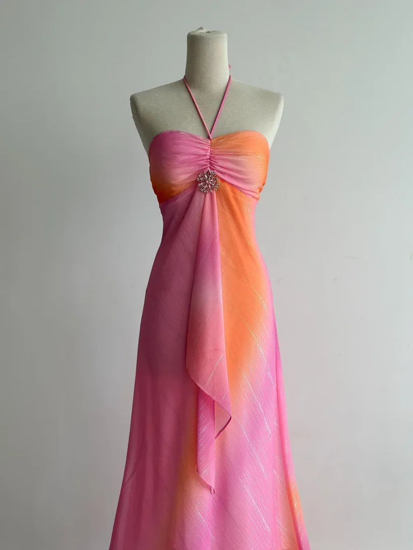 girlhomeshops-Pink-Orange Gradient Lurex Halter Sleeveless Train Gown, Party-Style Ruffle & Rhinestone Elegant Dress gh6349