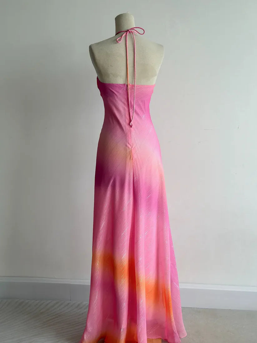 girlhomeshops-Pink-Orange Gradient Lurex Halter Sleeveless Train Gown, Party-Style Ruffle & Rhinestone Elegant Dress gh6349