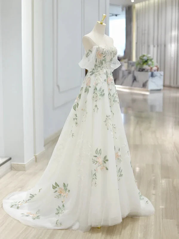 Robe de soirée longue en tulle à manches courtes et à fleurs exquises, robe de bal blanche, robe de soirée, robe de fête gh3524