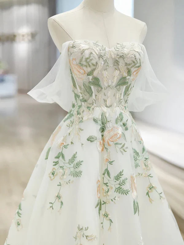 Robe de soirée longue en tulle à manches courtes et à fleurs exquises, robe de bal blanche, robe de soirée, robe de fête gh3524