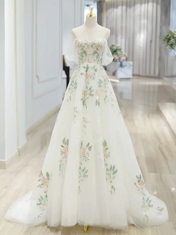 Robe de soirée longue en tulle à manches courtes et à fleurs exquises, robe de bal blanche, robe de soirée, robe de fête gh3524