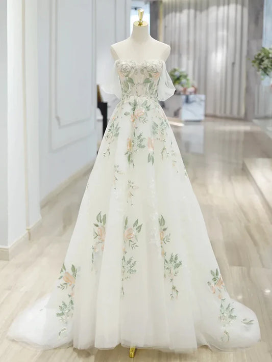 Robe de soirée longue en tulle à manches courtes et à fleurs exquises, robe de bal blanche, robe de soirée, robe de fête gh3524