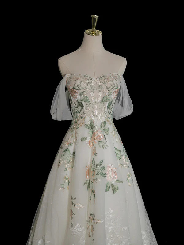 Robe de soirée longue en tulle à manches courtes et à fleurs exquises, robe de bal blanche, robe de soirée, robe de fête gh3524