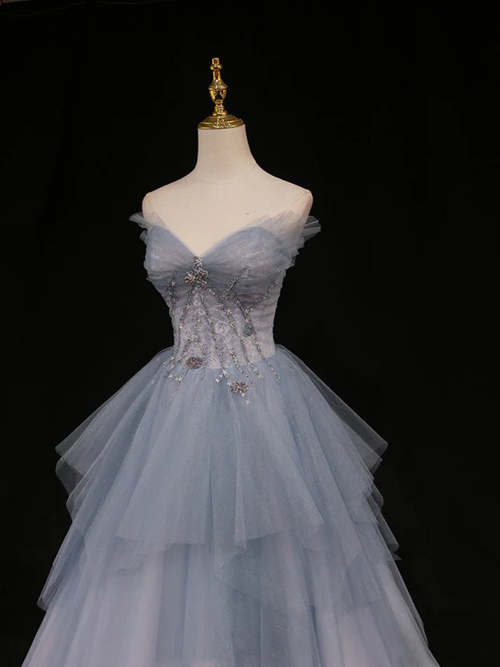 Blue Gorgeous Exquisite Beading A-line Tulle Long Prom Gown Evening Gown Formal Graduation Dress gh3465