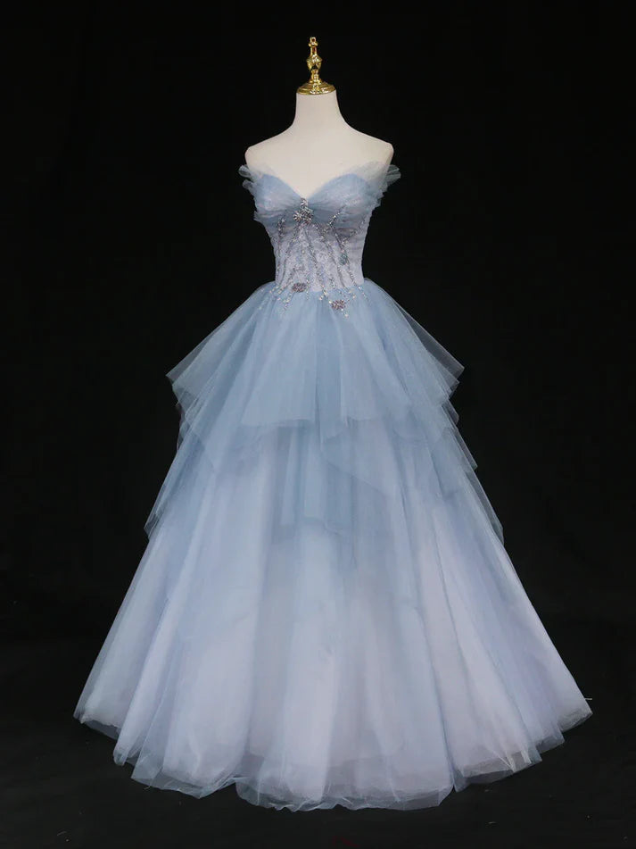 Blue Gorgeous Exquisite Beading A-line Tulle Long Prom Gown Evening Gown Formal Graduation Dress gh3465