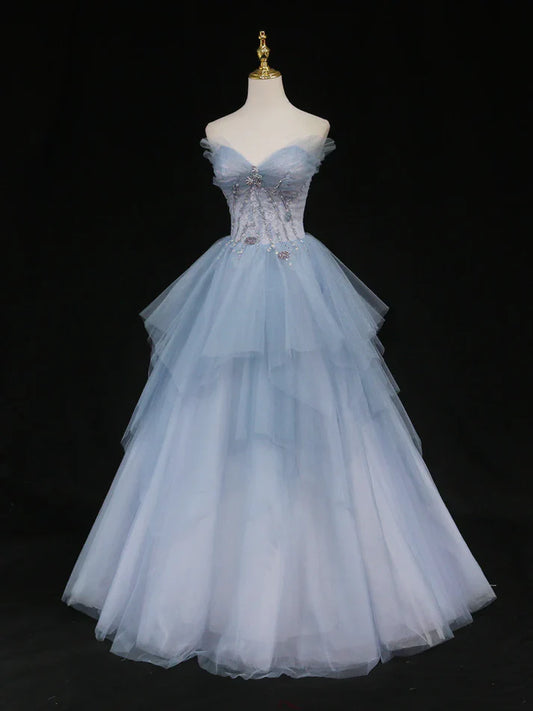 Blue Gorgeous Exquisite Beading A-line Tulle Long Prom Gown Evening Gown Formal Graduation Dress gh3465