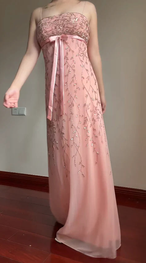 Trägerloses Abendkleid im Sweet Element Style mit Spaghettiträgern | Rosa-lila Tüll-Maxikleid mit Perlenbesatz für Verlobung, Party, Junggesellinnenabschied und andere festliche Anlässe gh6433