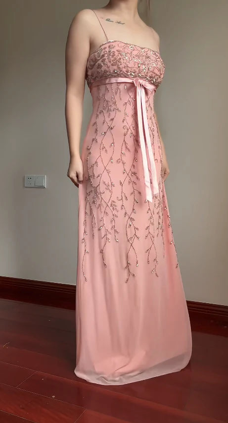 Trägerloses Abendkleid im Sweet Element Style mit Spaghettiträgern | Rosa-lila Tüll-Maxikleid mit Perlenbesatz für Verlobung, Party, Junggesellinnenabschied und andere festliche Anlässe gh6433