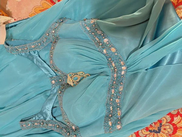 Blue Beaded Long Satin Mermaid Ball Gown Evening Gown Party Dress gh4439