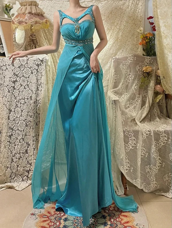 Blue Beaded Long Satin Mermaid Ball Gown Evening Gown Party Dress gh4439