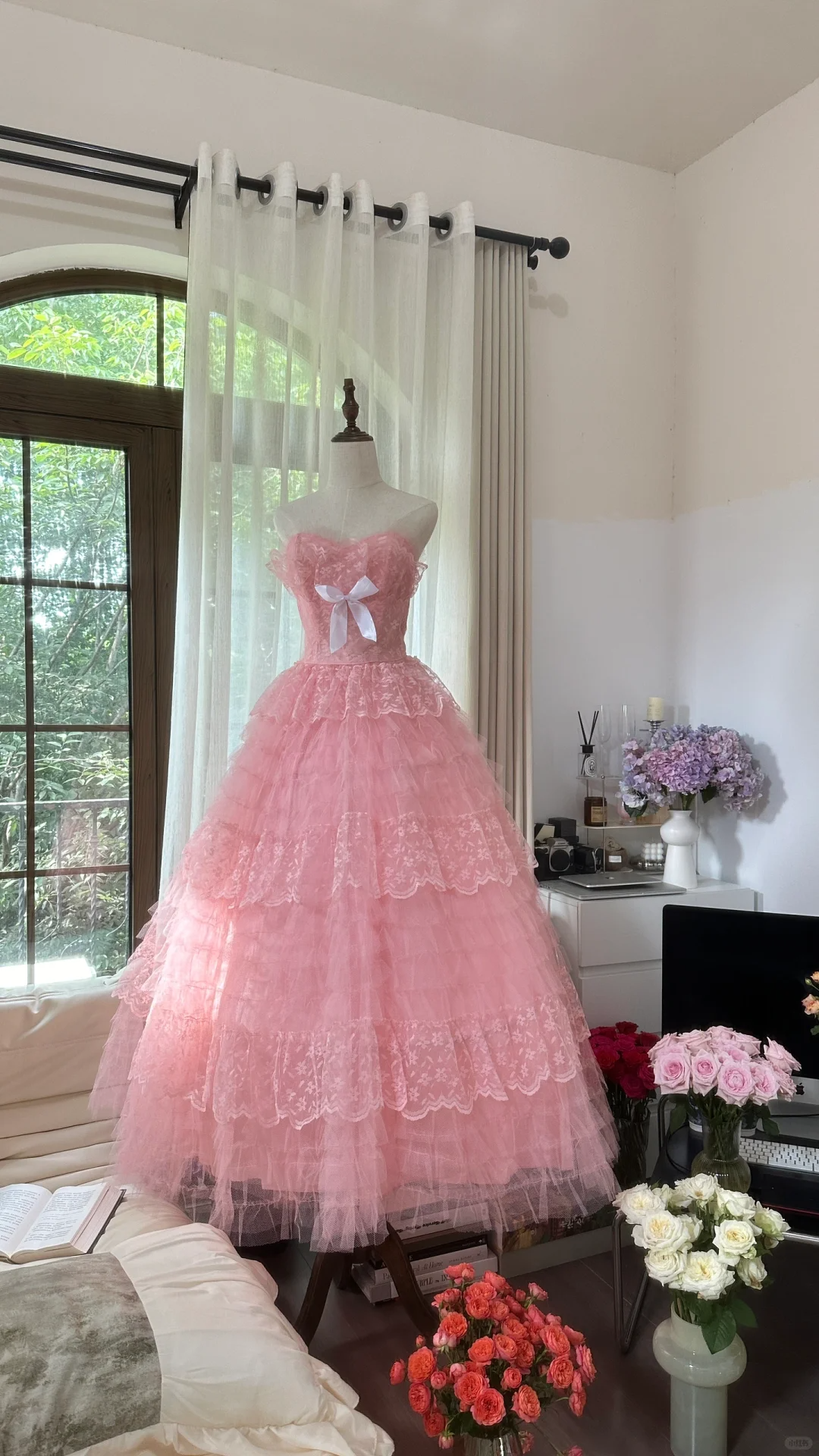 Robe de soirée princesse en tulle rose, élégante et exquise, avec nœud en dentelle, robe de bal, robe d'anniversaire, robe de cérémonie pour adulte, gh4033