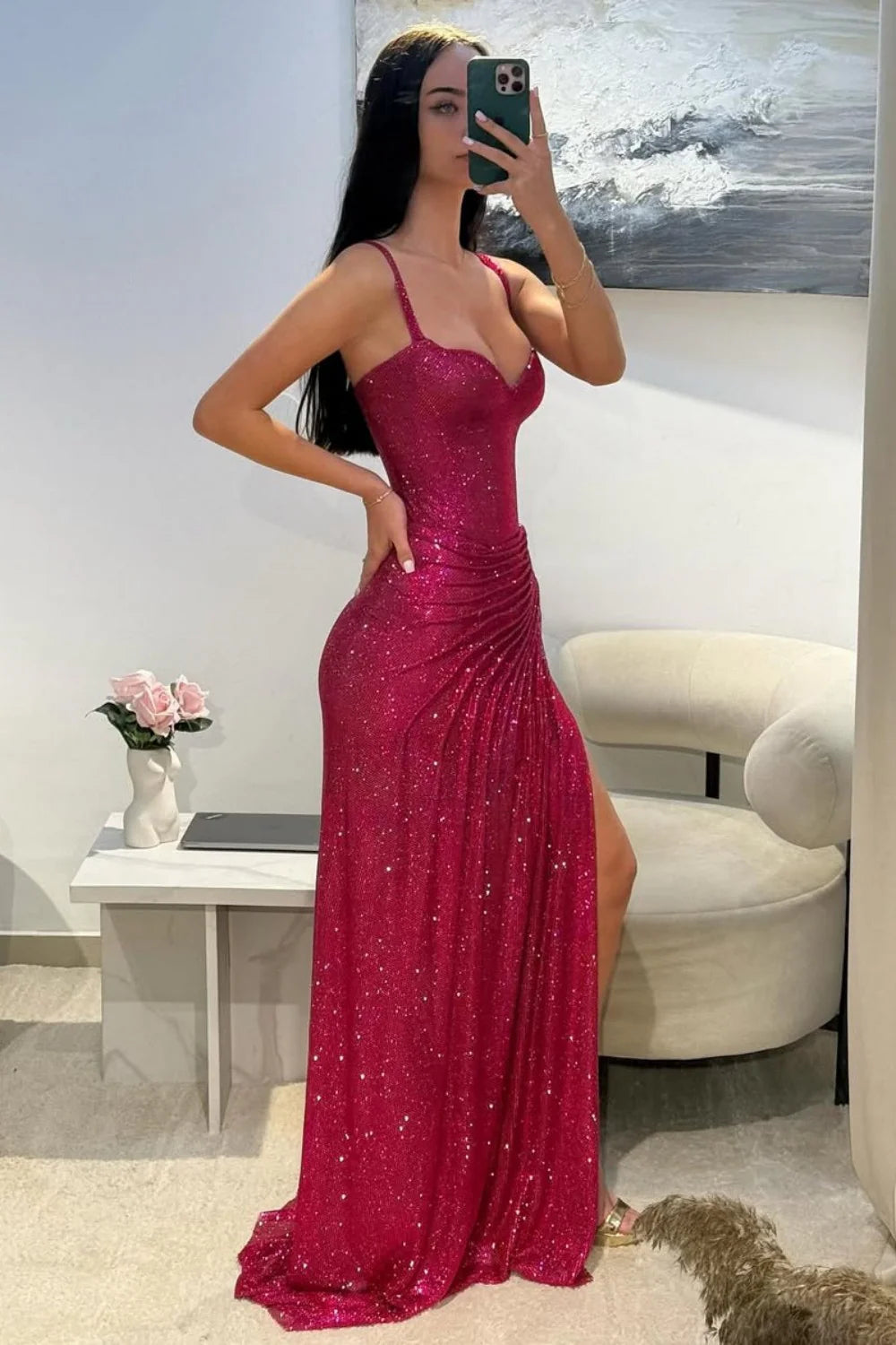 girlhomeshops-Gorgeous and shiny crimson glitter tight long slit prom dress gh5798