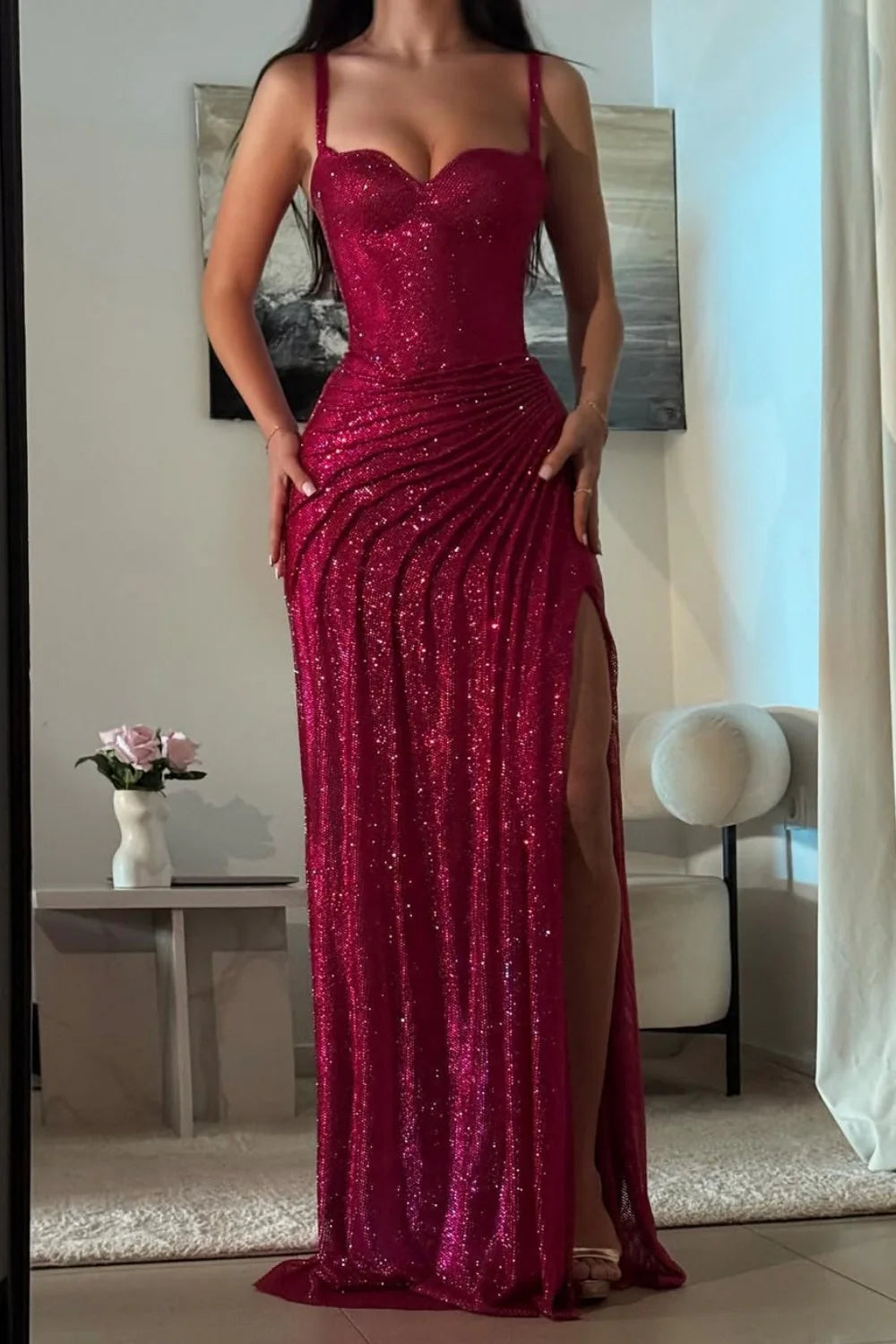 girlhomeshops-Gorgeous and shiny crimson glitter tight long slit prom dress gh5798