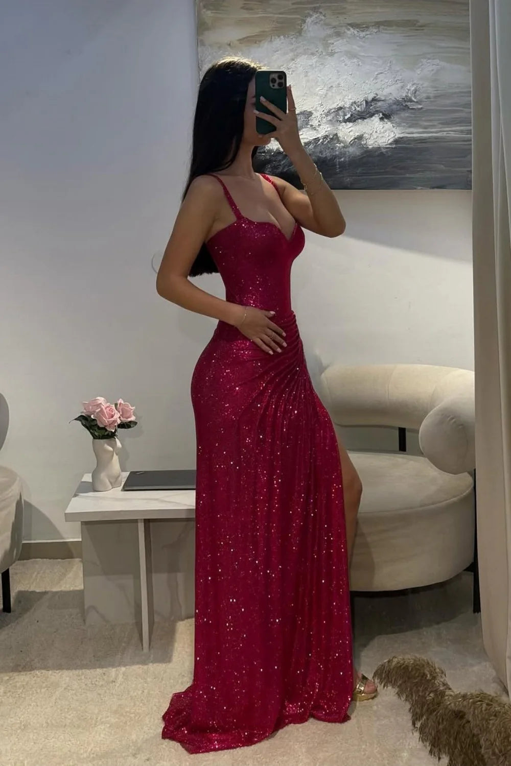 girlhomeshops-Gorgeous and shiny crimson glitter tight long slit prom dress gh5798