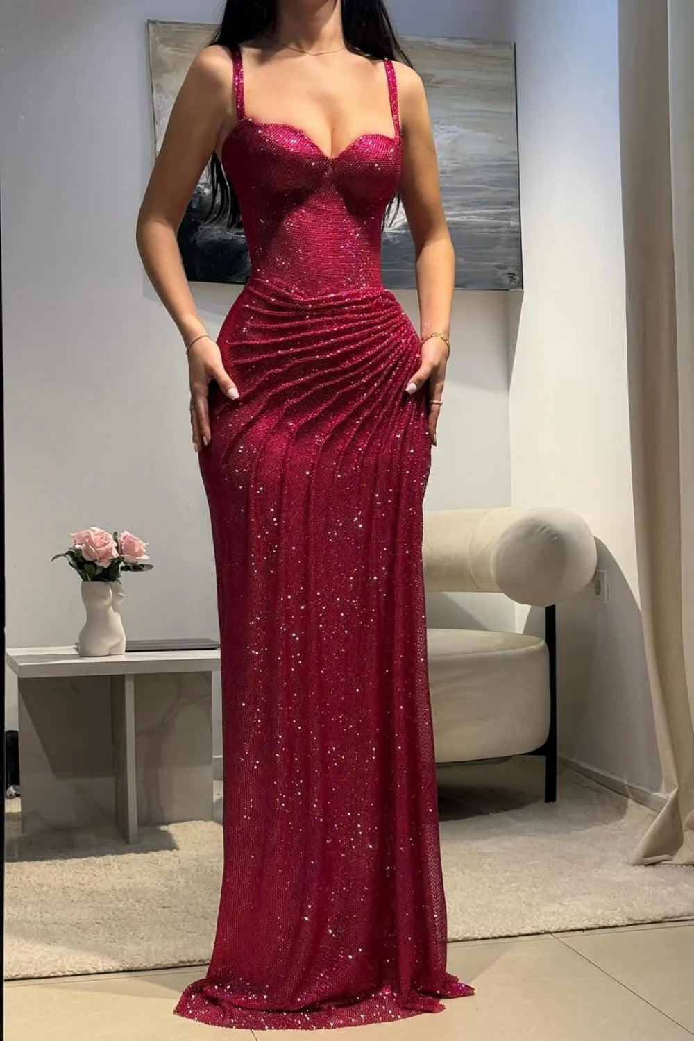 girlhomeshops-Gorgeous and shiny crimson glitter tight long slit prom dress gh5798