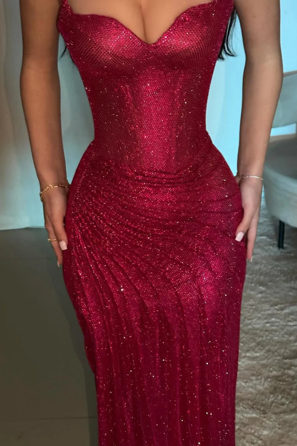 girlhomeshops-Gorgeous and shiny crimson glitter tight long slit prom dress gh5798