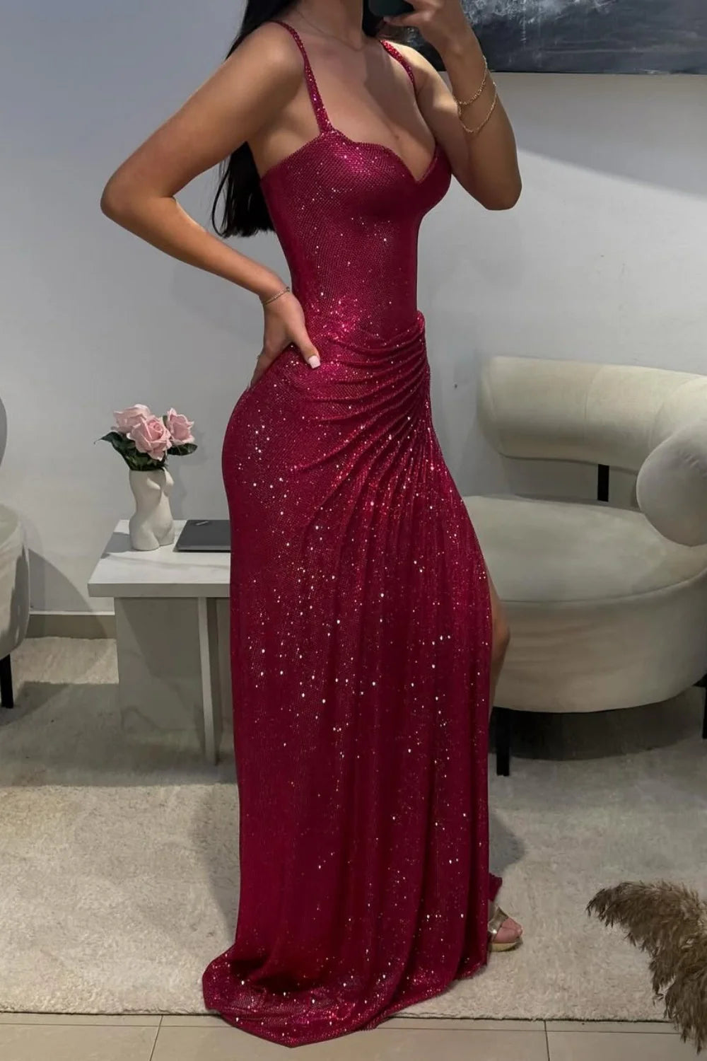 girlhomeshops-Gorgeous and shiny crimson glitter tight long slit prom dress gh5798
