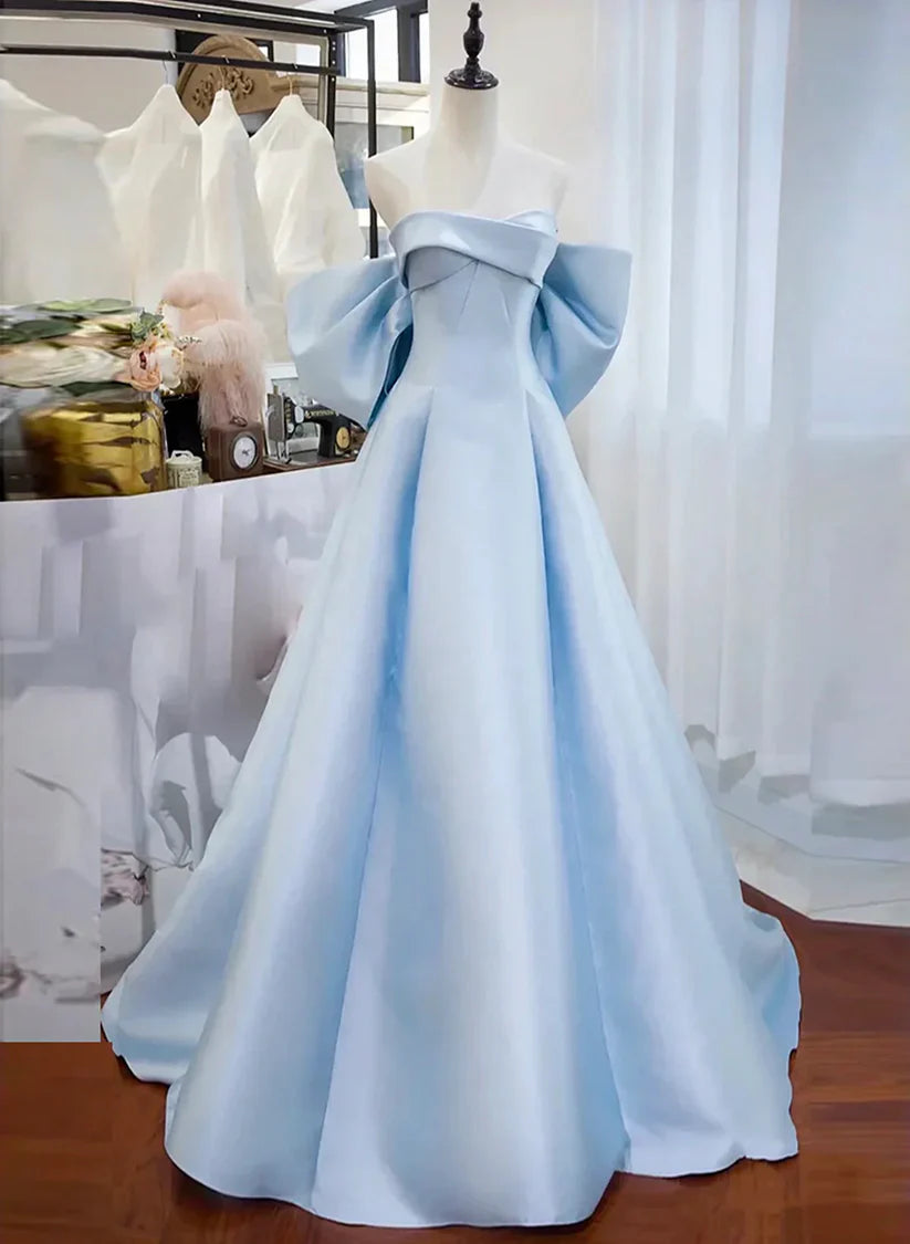 Light Blue Elegant A-line Off-shoulder Long Satin Ball Gown Formal Evening Dress gh3256