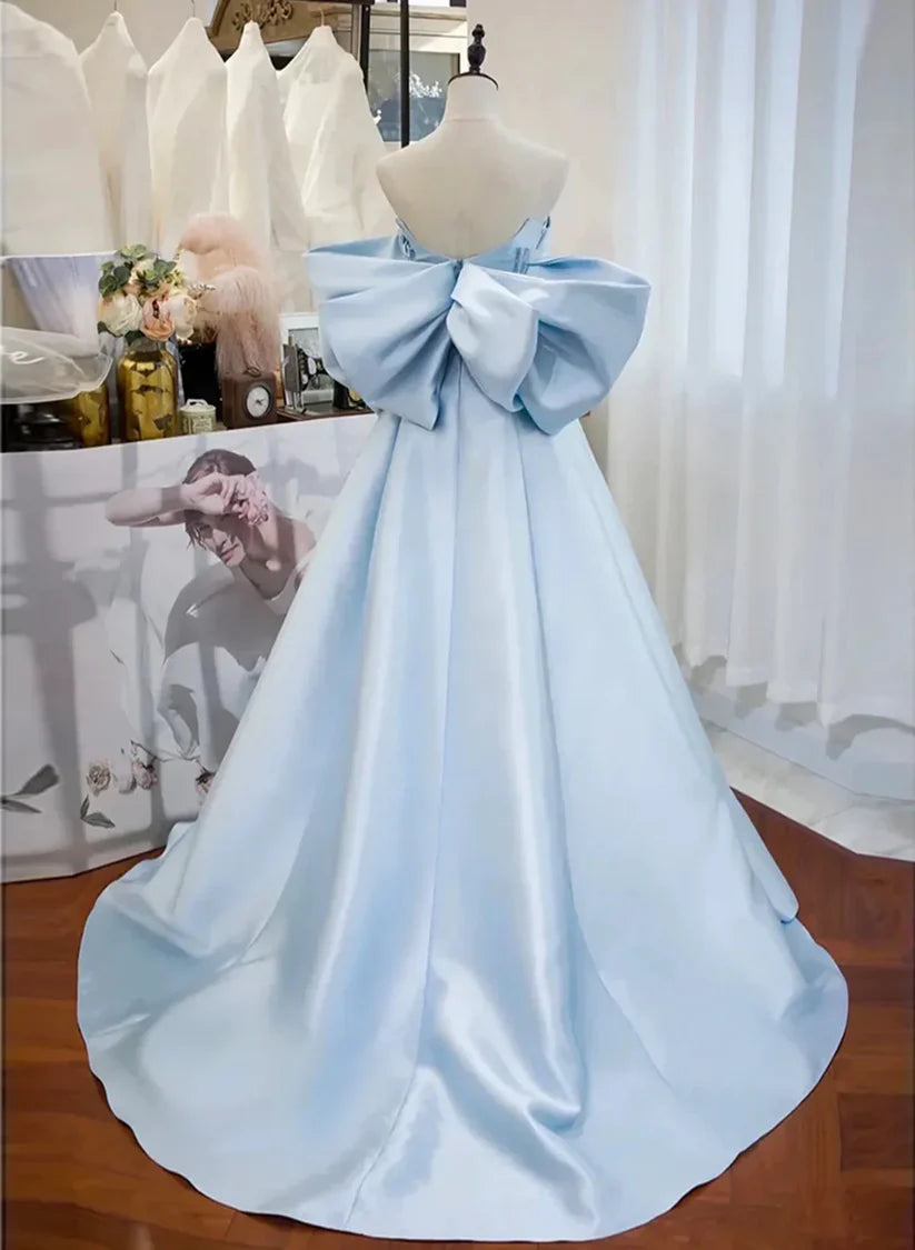 Light Blue Elegant A-line Off-shoulder Long Satin Ball Gown Formal Evening Dress gh3256