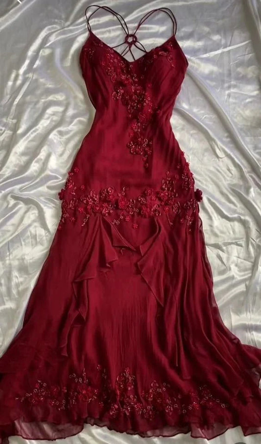 Burgundy retro fashion mermaid exquisite beaded spaghetti strap long chiffon ball gown, evening dress, party dress gh3498