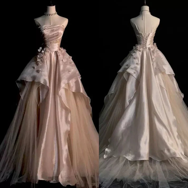 Pink Gorgeous Elegant Exquisite Beading A-Line Off Shoulder Long Tulle Ball Gown Evening Gown Wedding Dress gh3415