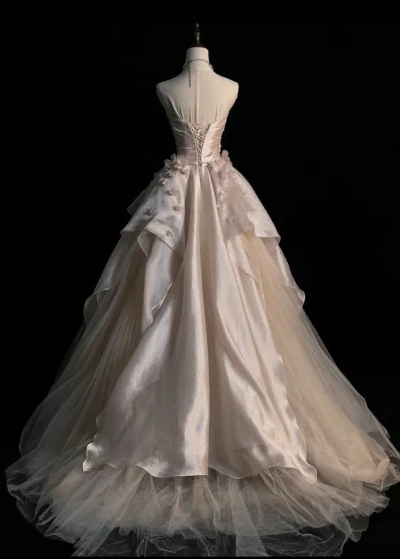 Pink Gorgeous Exquisite A-line Off-shoulder Beaded Long Tulle Ball Gown Wedding Dress Evening Gown gh3497