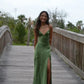 Green/Yellow Fashion Charming Mermaid Spaghetti Straps V Neck Sexy Slit Long Satin Elegant Prom Dress, Evening Dress, Party Dress gh3496