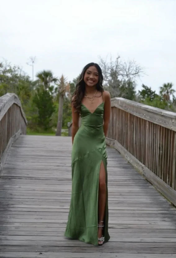 Green/Yellow Fashion Charming Mermaid Spaghetti Straps V Neck Sexy Slit Long Satin Elegant Prom Dress, Evening Dress, Party Dress gh3496