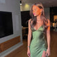 Green/Yellow Fashion Charming Mermaid Spaghetti Straps V Neck Sexy Slit Long Satin Elegant Prom Dress, Evening Dress, Party Dress gh3496