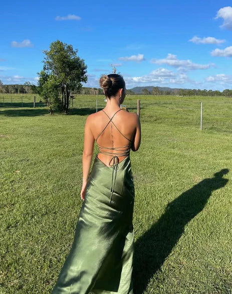 Green/Yellow Fashion Charming Mermaid Spaghetti Straps V Neck Sexy Slit Long Satin Elegant Prom Dress, Evening Dress, Party Dress gh3496