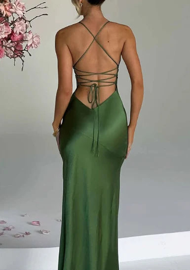 Green/Yellow Fashion Charming Mermaid Spaghetti Straps V Neck Sexy Slit Long Satin Elegant Prom Dress, Evening Dress, Party Dress gh3496