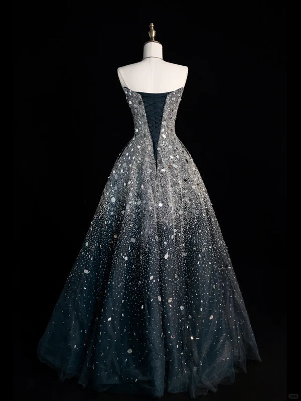 Schwarz-Silber, wunderschön, funkelnd, elegant, lang, Pailletten, Tüll, bodenlang, Ballkleid, Abendkleid, gh4378