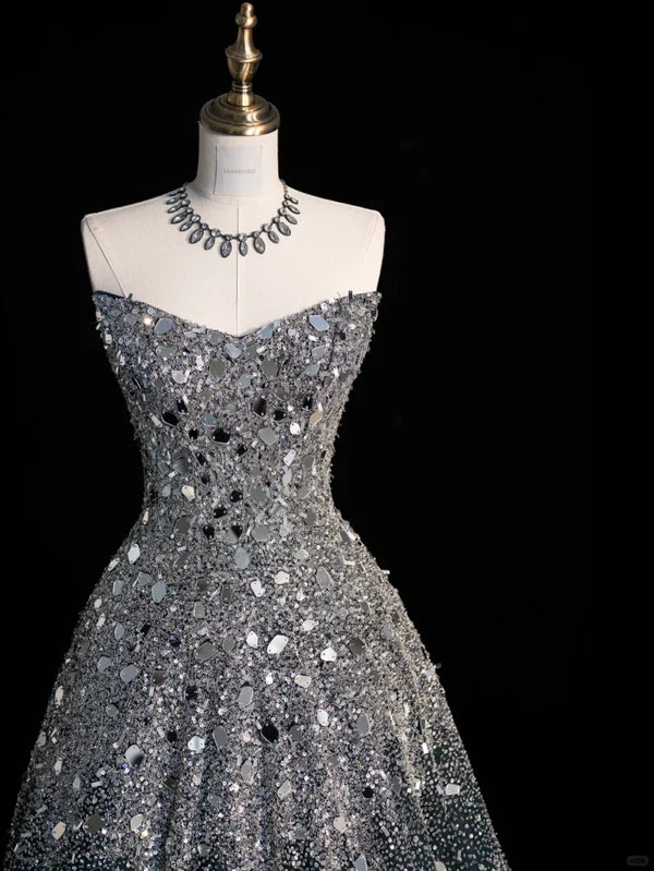 Schwarz-Silber, wunderschön, funkelnd, elegant, lang, Pailletten, Tüll, bodenlang, Ballkleid, Abendkleid, gh4378