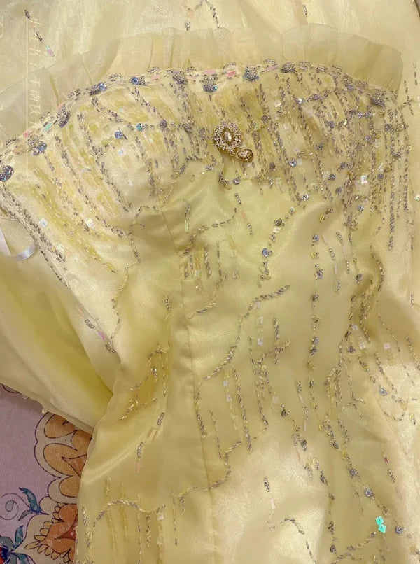 Yellow Beaded Long Satin Mermaid Ball Gown Evening Gown Party Dress gh4438