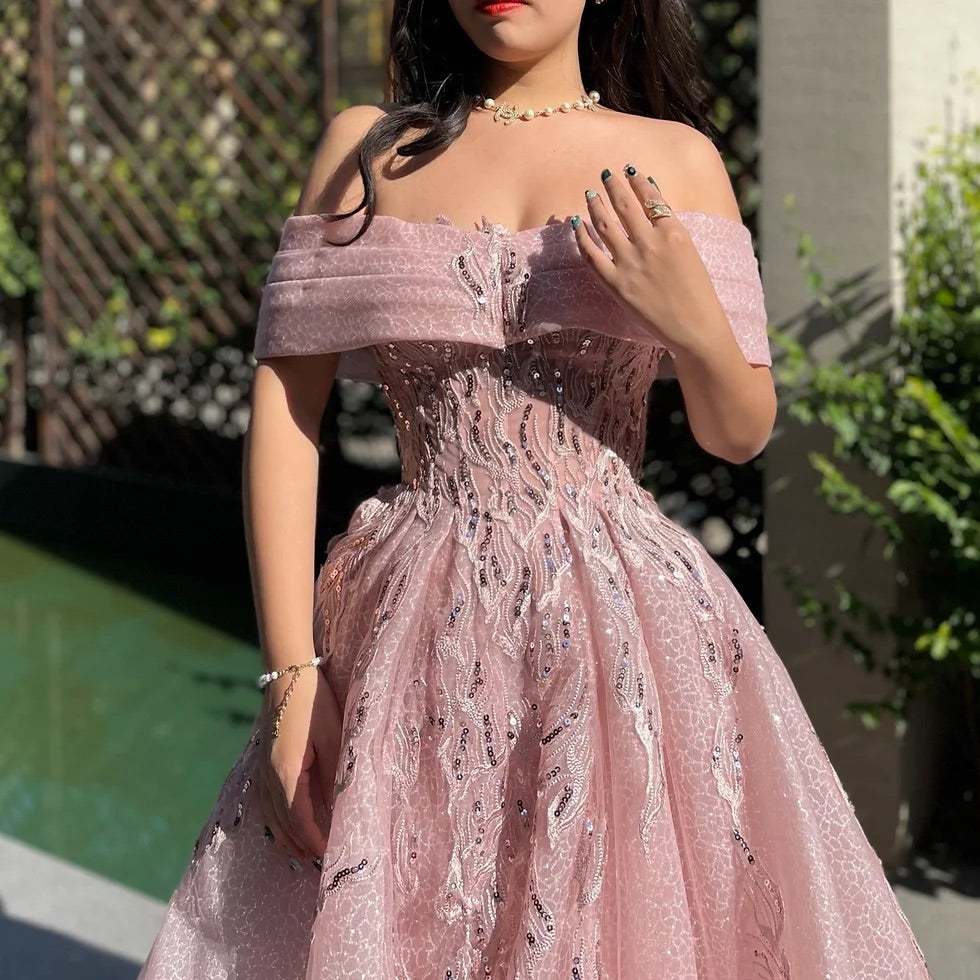 Pink glitter exquisite beading off-shoulder A-line elegant long tulle ball gown evening dress fairy princess dress gh2752
