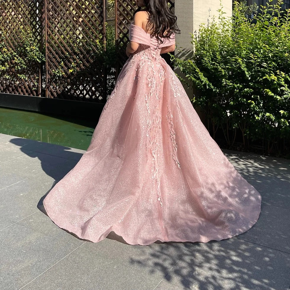 Pink glitter exquisite beading off-shoulder A-line elegant long tulle ball gown evening dress fairy princess dress gh2752